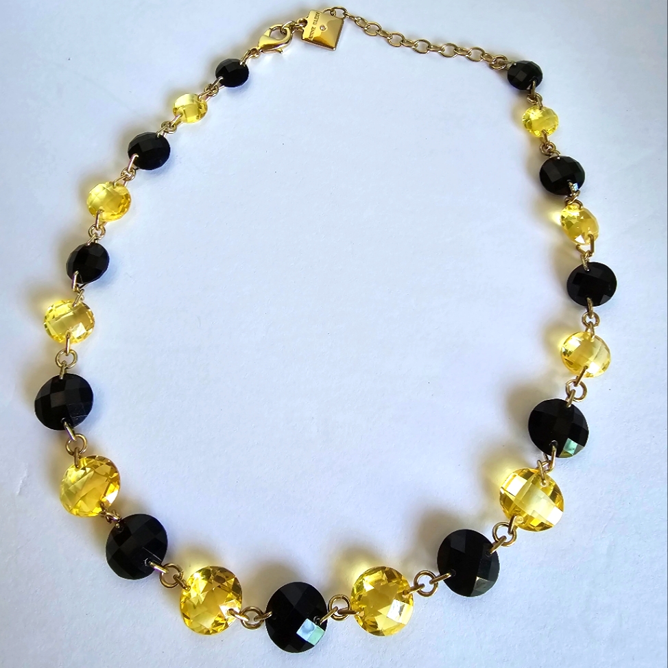 Vintage Anne Klein Beaded Necklace Resin Black Yellow Gold Toned Chain 19 25$